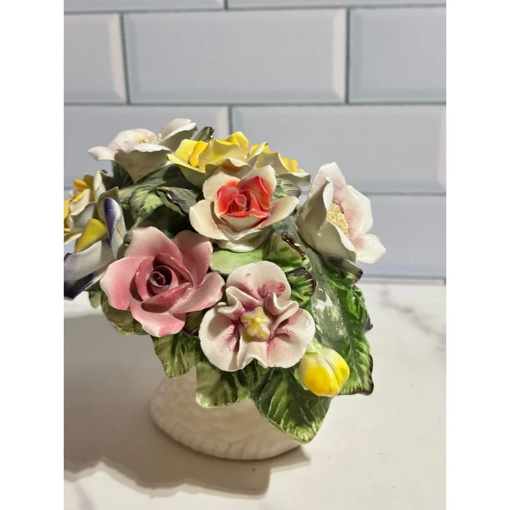 Vintage Lefton Porcelain Flower Basket Centerpiece Multi-Color Floral